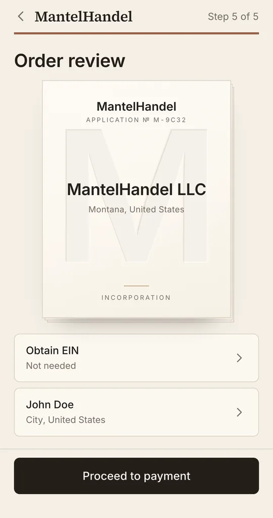 MantelHandel app, incorporation application sheet