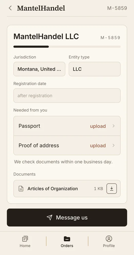 MantelHandel app, company card with registration stages